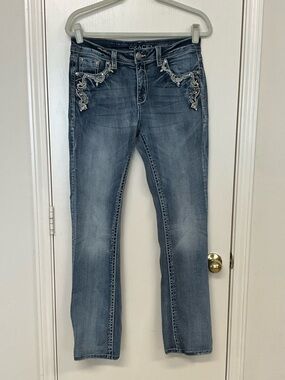 Grace Distressed Embellished Straight-Leg Jeans - Light Blue